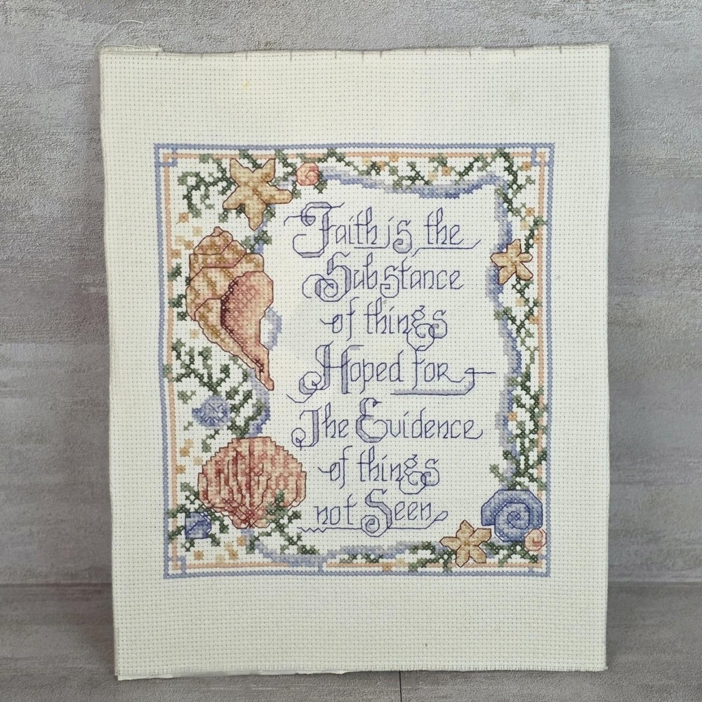 Completed Cross Stitch FAITH IS NOT SEEN Religious Nautical Sea Shells Unframed